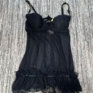 Biatta Sleepwear Womens 38B Babydoll Chemise‎ Lingerie Black Ruffle Hem Stretch